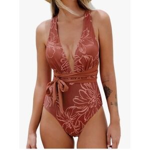 Cupshe Womens Floral Wrap Tie Deep V-Neck One Piece Swimsuit Rust Orange S NWT